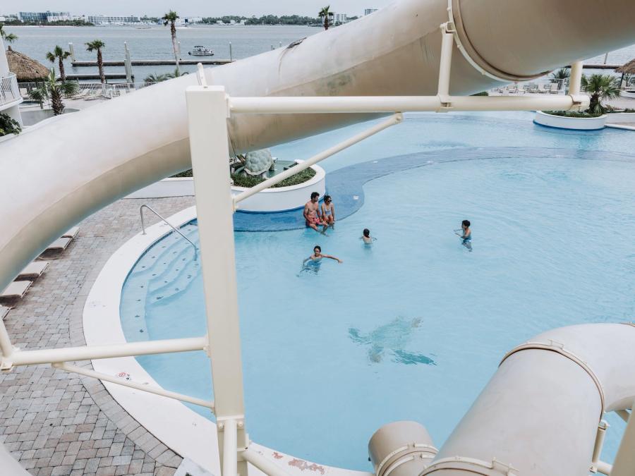 waterslide and pool at Caribe waterfront resort in Orange Beach